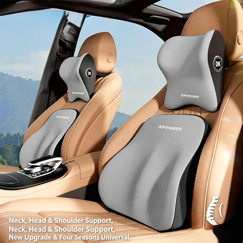 Memory Foam Car Neck Pillow Lumbar Support - Set Bantal Leher & Penyangga Pinggang